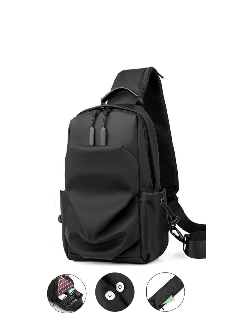 LAVIZAR black nylon sling bag front view with magnetic pocket details