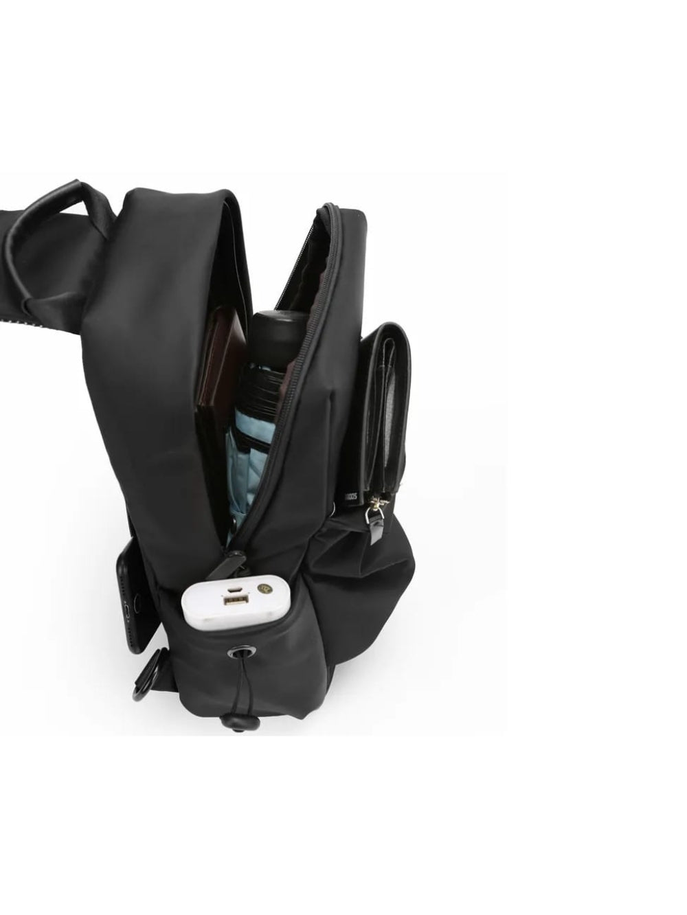 LAVIZAR black waterproof crossbody sling bag open showing internal storage layout