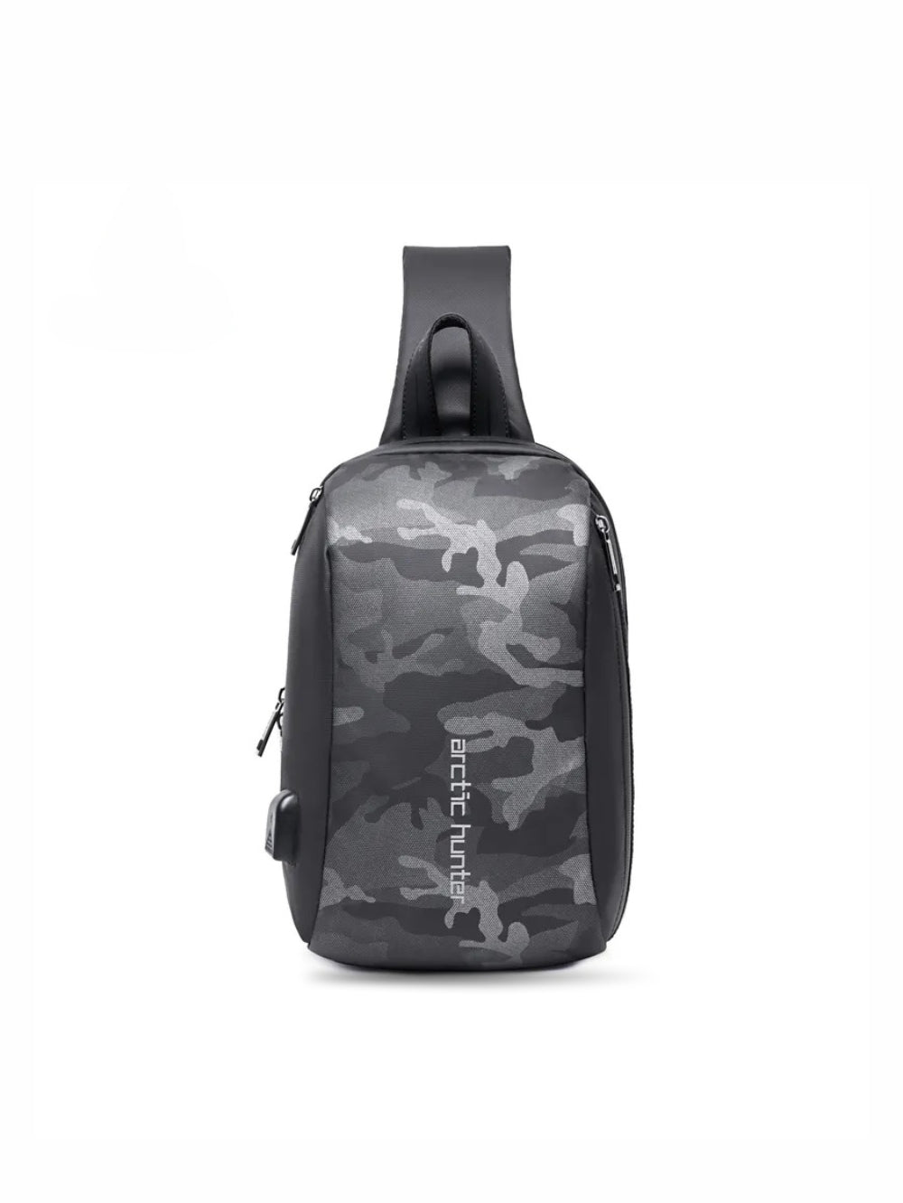 LAVIZAR black camo waterproof outdoor sling bag front studio view