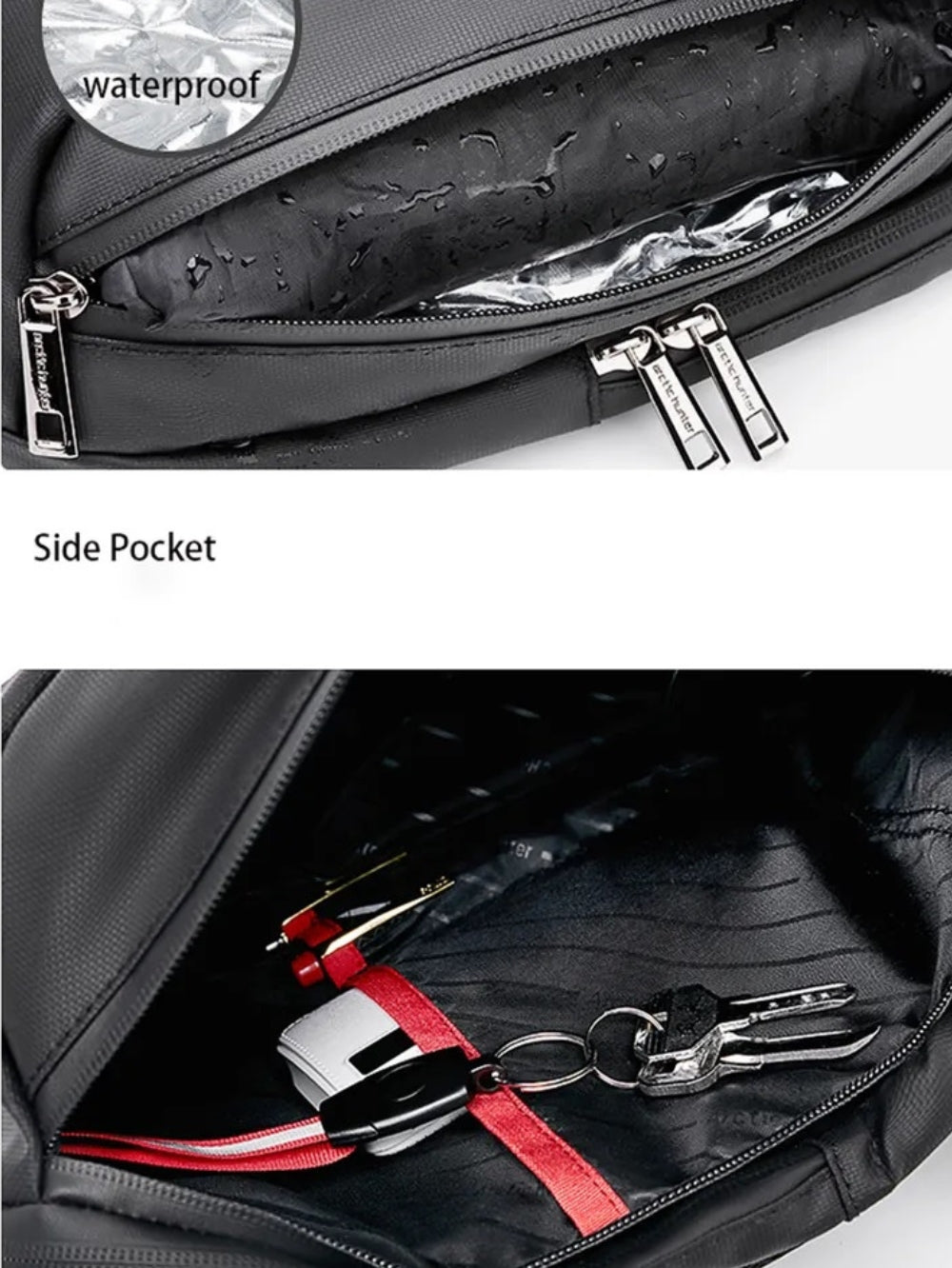 LAVIZAR waterproof sling bag close up showing waterproof side pocket and internal key holder