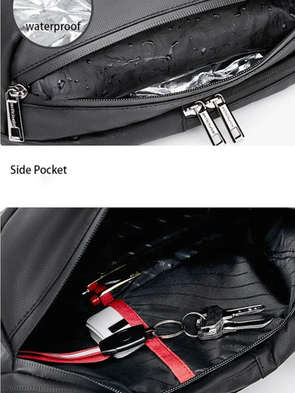 LAVIZAR waterproof sling bag close up showing waterproof side pocket and internal key holder