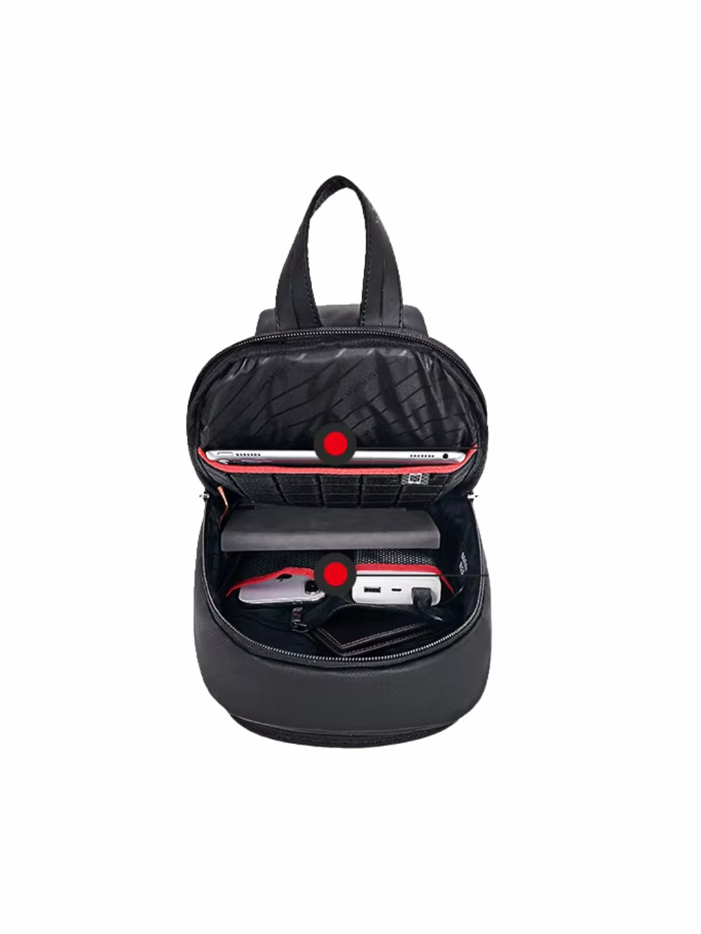 LAVIZAR sling bag open interior showing tablet sleeve power bank slot and pockets