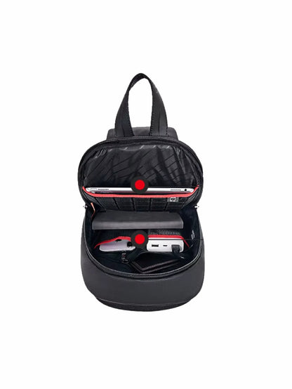 LAVIZAR sling bag open interior showing tablet sleeve power bank slot and pockets