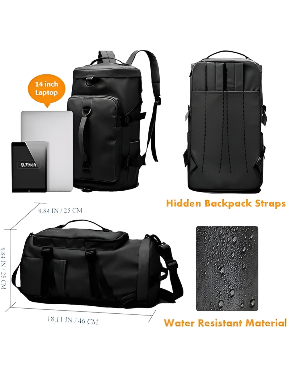 LAVIZAR convertible backpack duffle dimensions showing 14 inch laptop compatibility and waterproof material