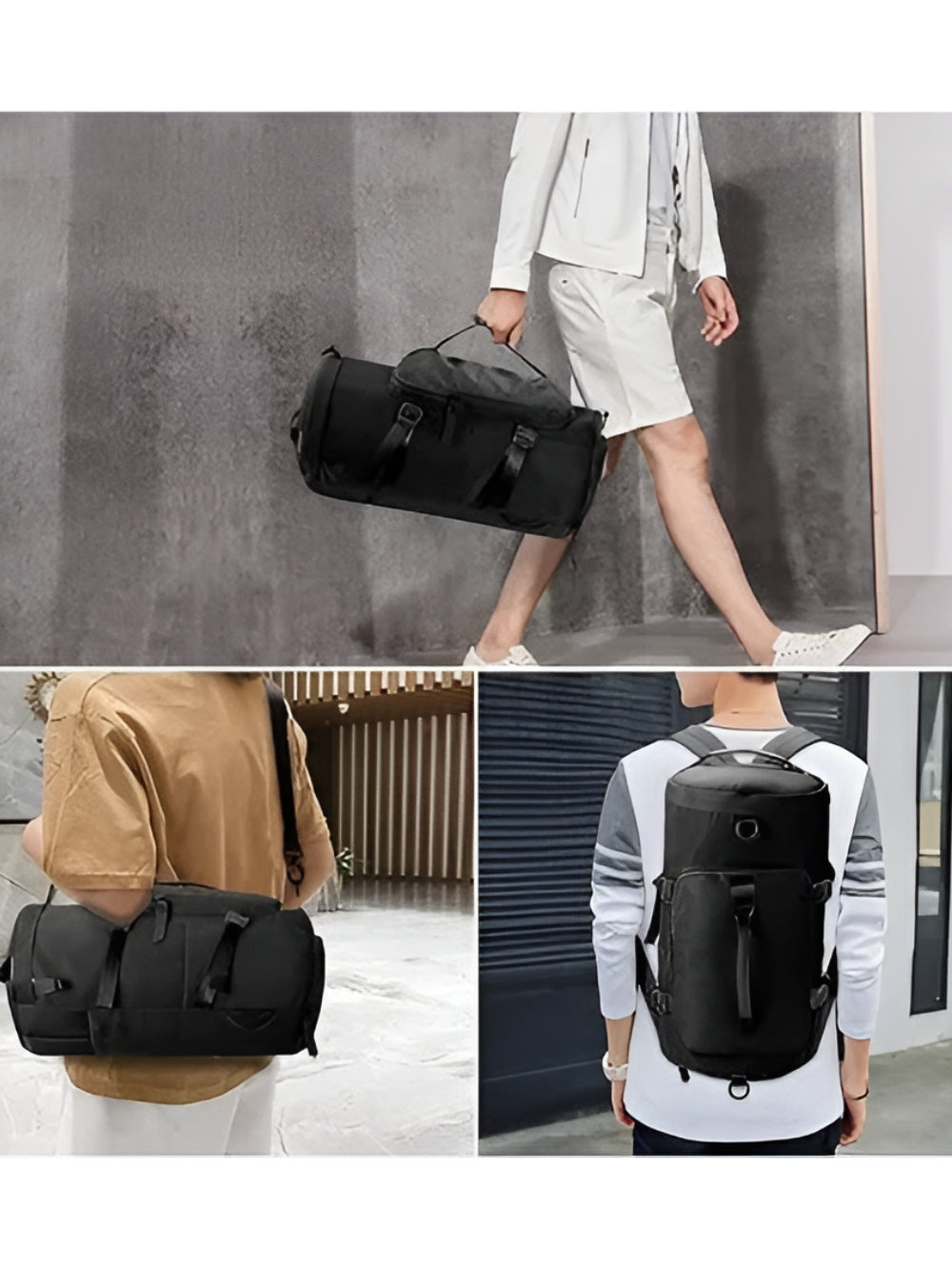 LAVIZAR travel bag shown in three carrying modes: handbag shoulder bag and backpack