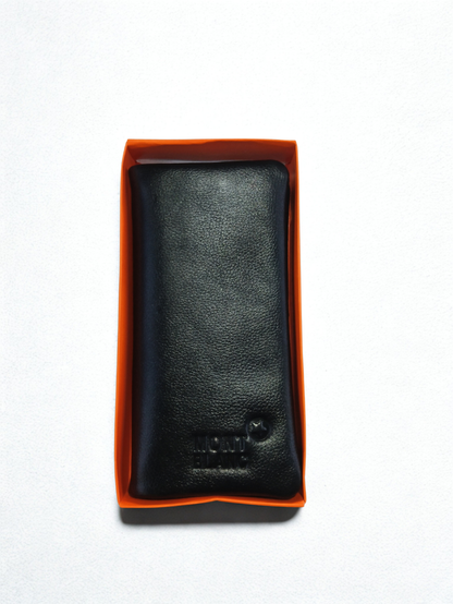 Black leather men long wallet displayed inside orange presentation box