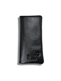 Black 100% genuine pebbled leather long wallet front view with logo embossing