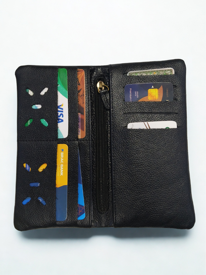 Open interior view of black leather long wallet showing card slots and central zipper pocket