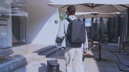 Geometric Waterproof Laptop Backpack | Integrated Raincoat & USB Port — Black