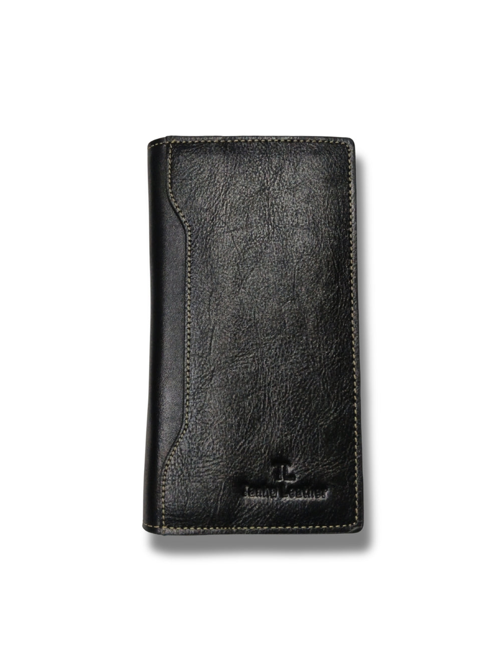 Front vertical view of Tanhai Leather black pebbled leather long wallet with embossed logo