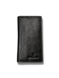 Front vertical view of Tanhai Leather black pebbled leather long wallet with embossed logo