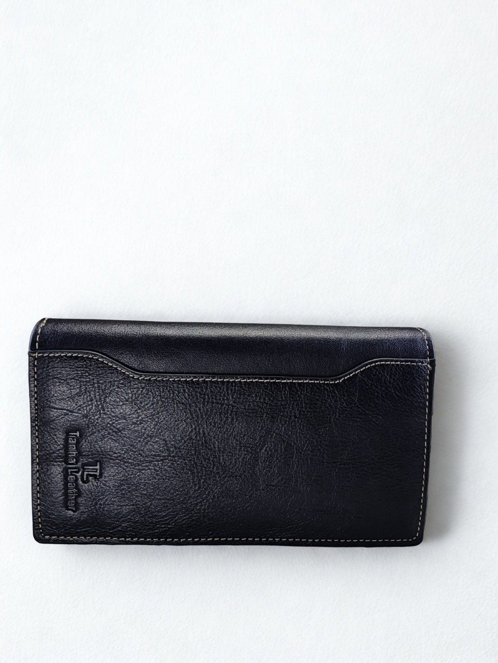 Horizontal front view of Tanhai Leather black pebbled long clutch wallet