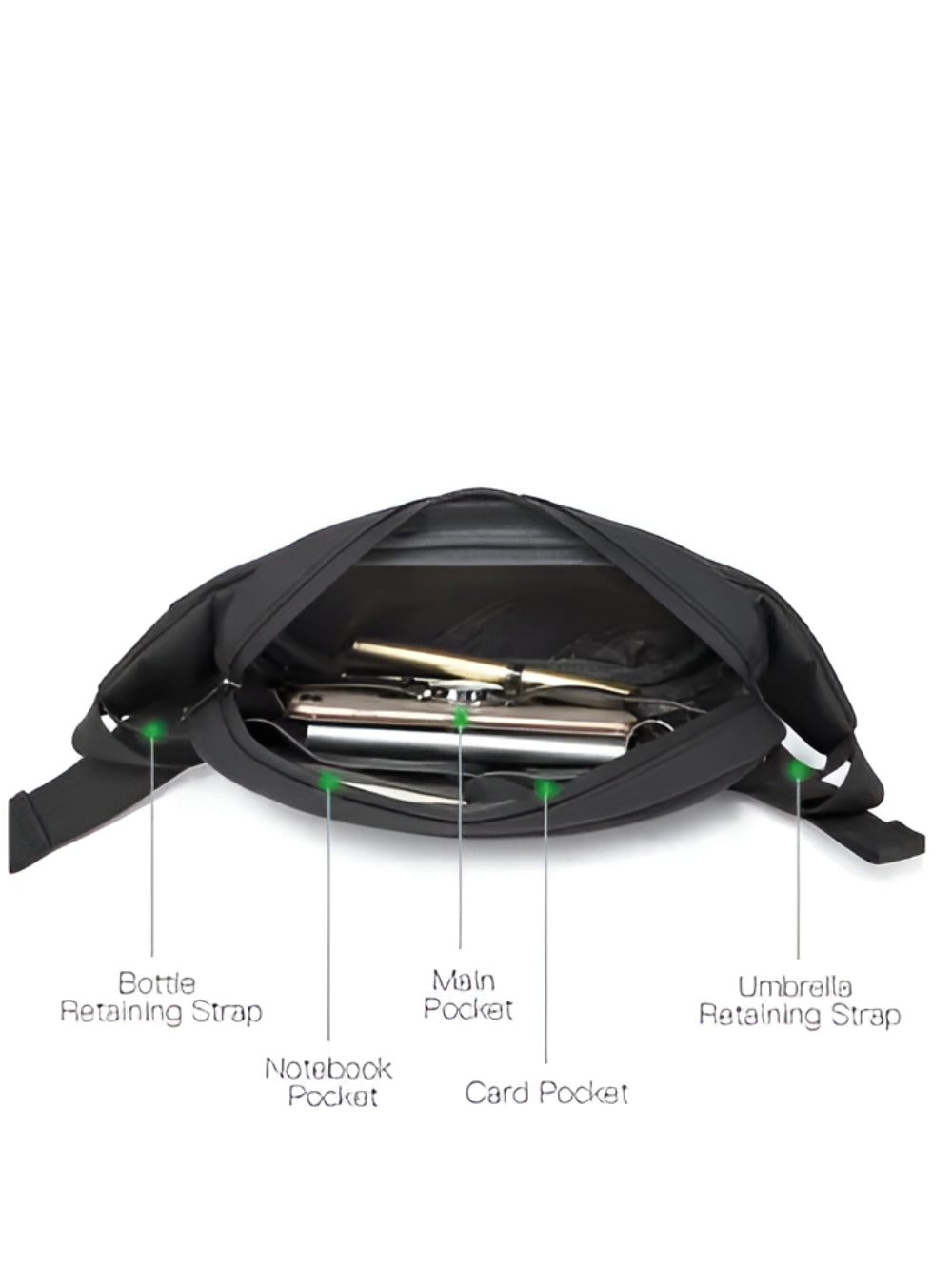 black crossbody chest bag open showing interior pockets and retaining straps
